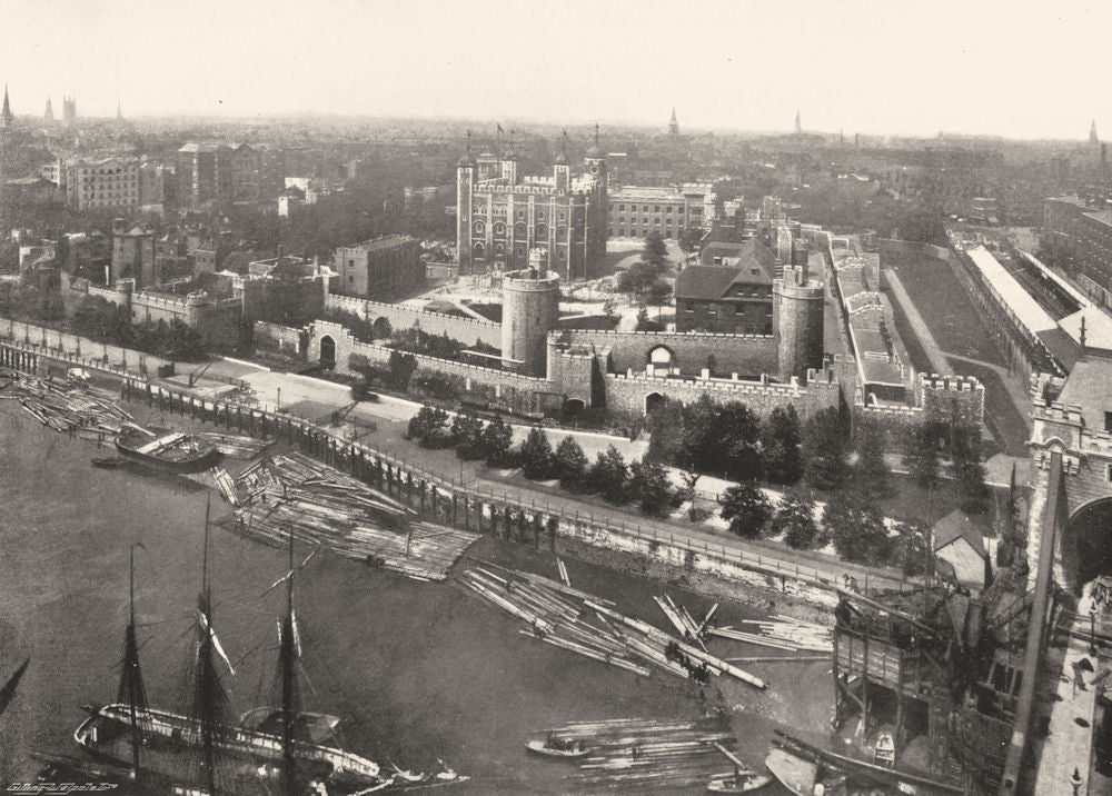 LONDON. The Tower- Panoramic view from the Tower Bridge 1896 old antique print
